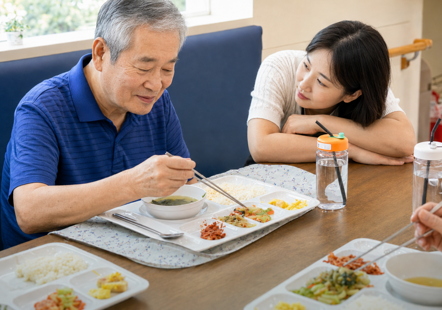 식사 중인 어르신을 따뜻하게 살피는 돌봄 장면